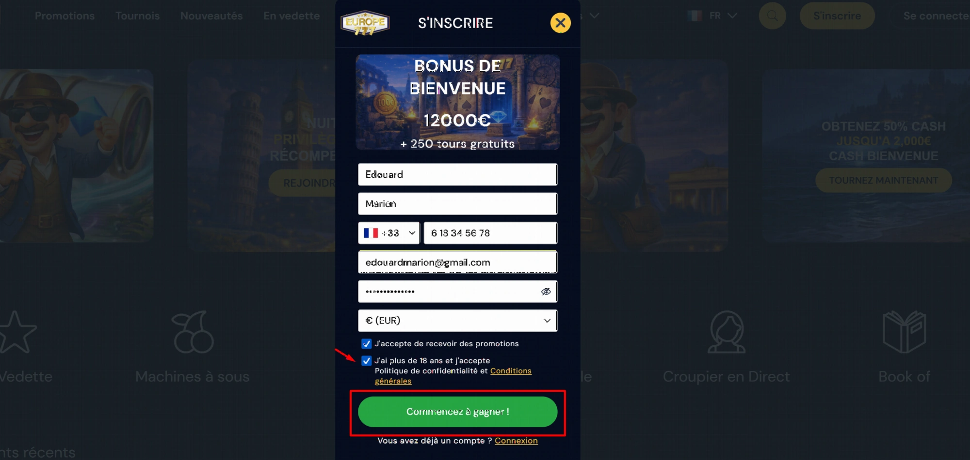 Connexion mobile Europe777 Casino